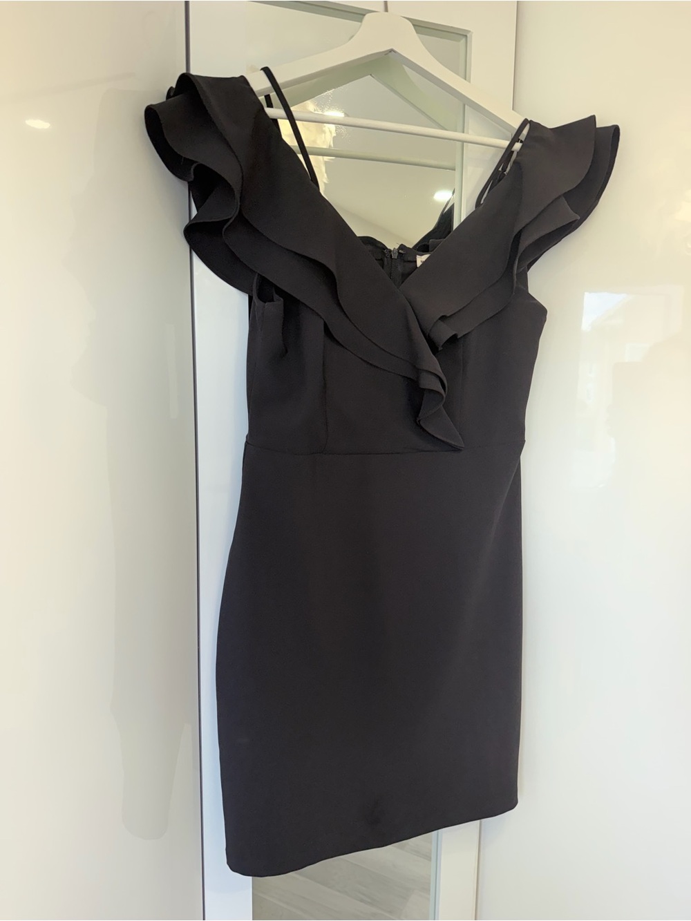 Main Strip Black Ruffle V-Neck Mini Dress